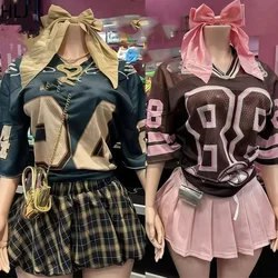 HLJ-faldas plisadas de corte en A para mujer, conjuntos de dos piezas a la moda con estampado de letras y cuello en V, camiseta holgada de manga corta y minifalda, color rosa