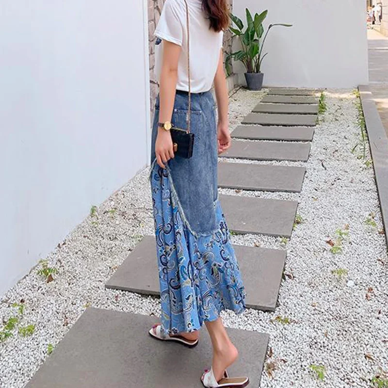 Zomer hoge taille lange rokken vrouw vintage onregelmatige patchwork denim rok vrouwelijke streetwear a-lijn midi rokken