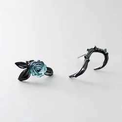 Thaya s925 Silver Thorn Blue Crystal Rose Design Black Stud Earrings for Women Asymmetry Flower Earring Female Jewelry Gift