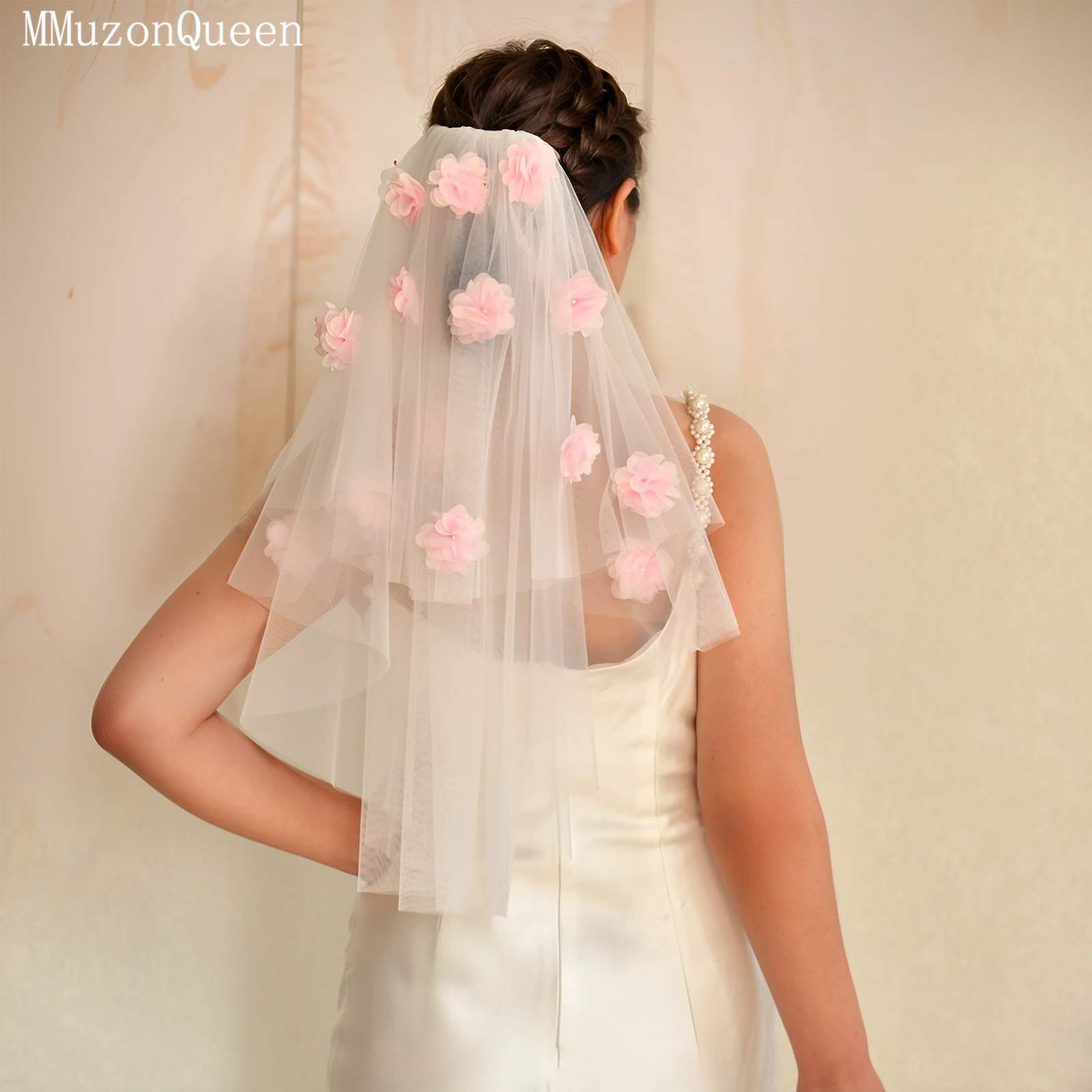 

TOPQUEEN Белая сетчатая фата с розовыми цветами из органзы, украшенная двуслойным головным убором до локтя на день рождения M180
