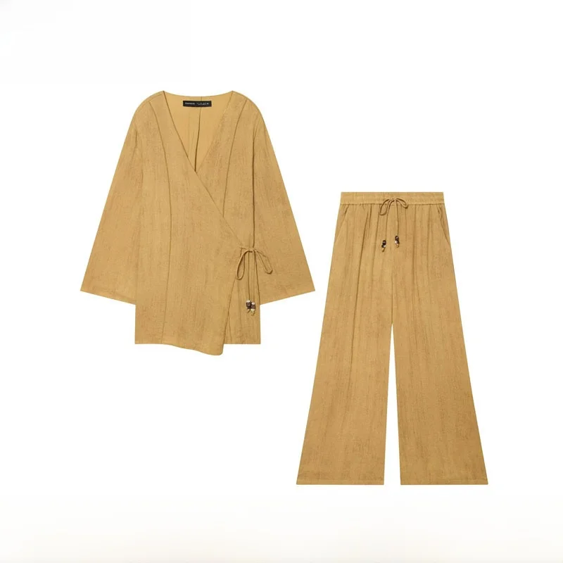 Spring Summer New Arrival Women's V-neck Beaded Belted Jacket Pants Set ZR Style Fashionable Mid-length Outerwear Long Trousers