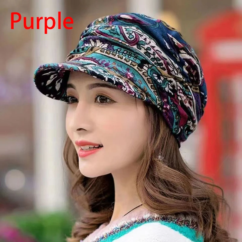 5 Colors Short Wide Brim Floral Print Earflap Hat Ethnic Windproof Foldable Warm Women Autumn Winter Outdoor Daily Cap Free Size