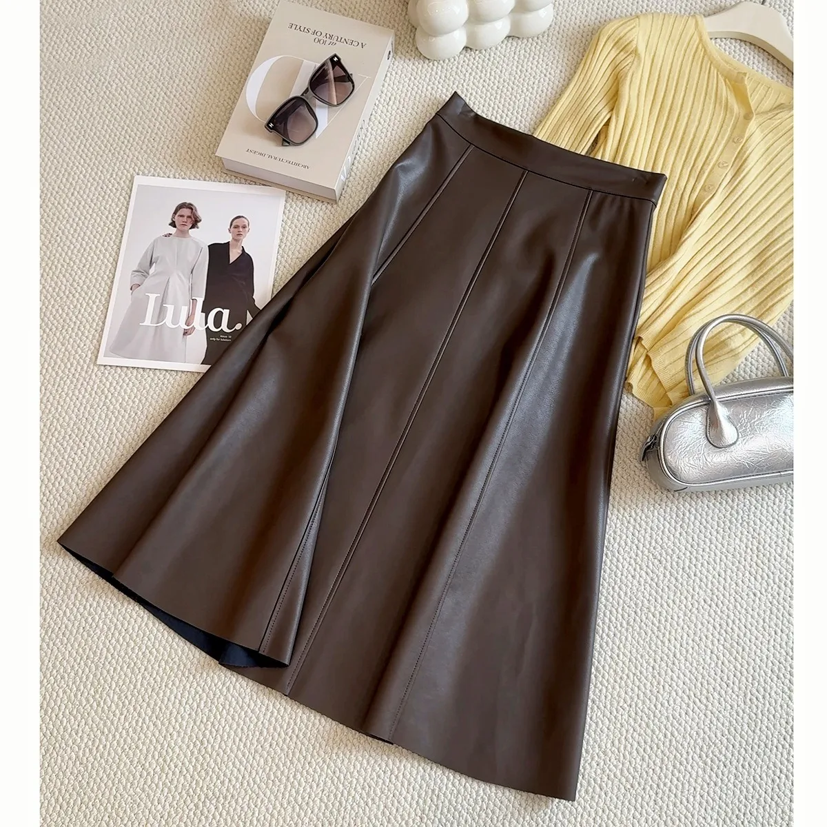 2026 Damen A-Linien-Rock aus PU-Leder, hochtailliertes, schlankmachendes Midikleid – elegant und modisch, Premium Damenbekleidung