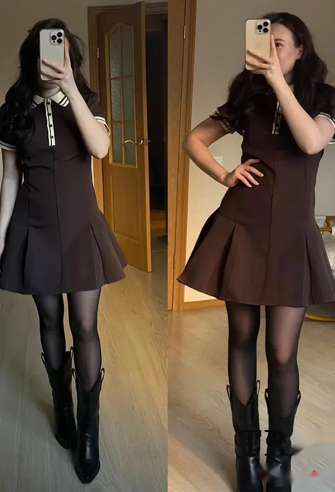 Women Fashion 2025 Spring Summer Burgundy Dress Contrasting Ribbed Lapel Buttons Dress Classic Campus Angola Red Dress 187P