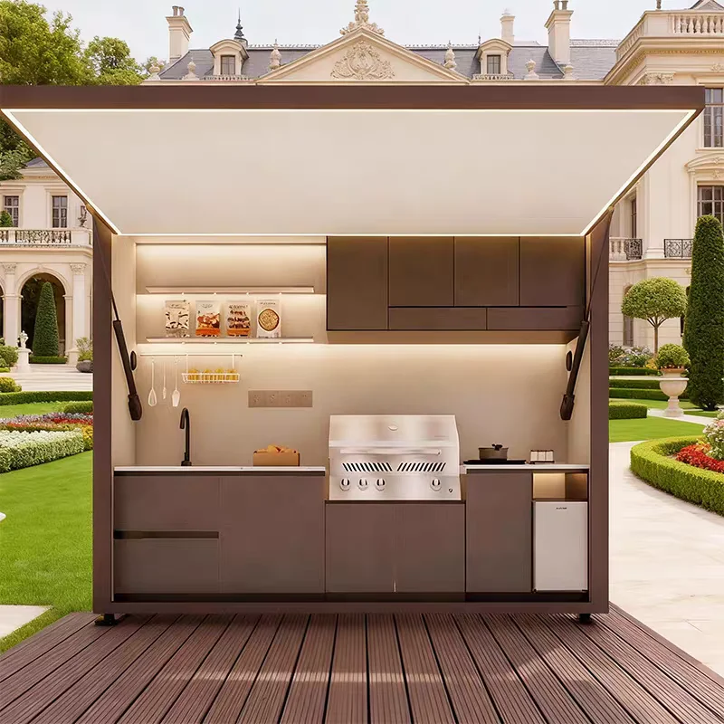 Smart Stainless Steel 304 Outdoor Kitchen Pod With Remote Control Flip Up Roof And Built In Sink Grill Fridge