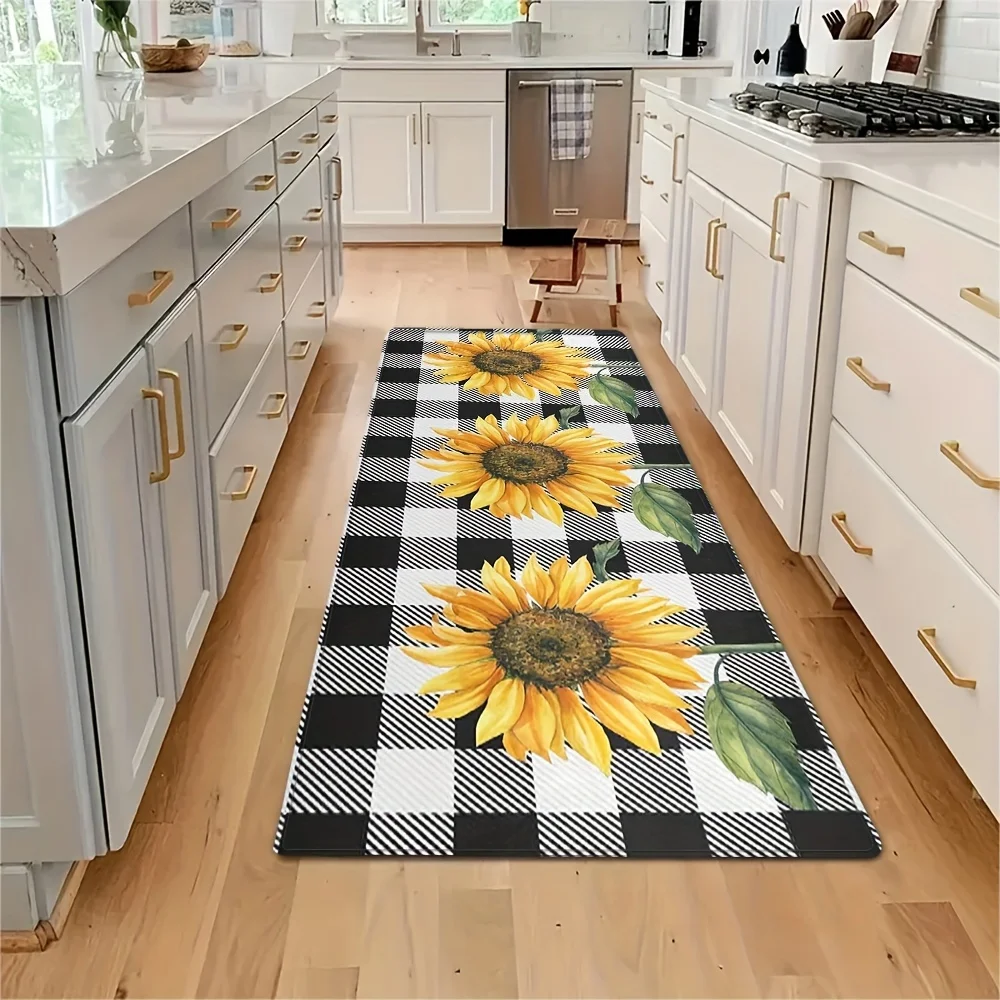 Black-and-White Checkered Sunflower Kitchen Mat, Non-Slip, Moisture-Absorbing, Reversible Rug, Home Rug, Indoor Use