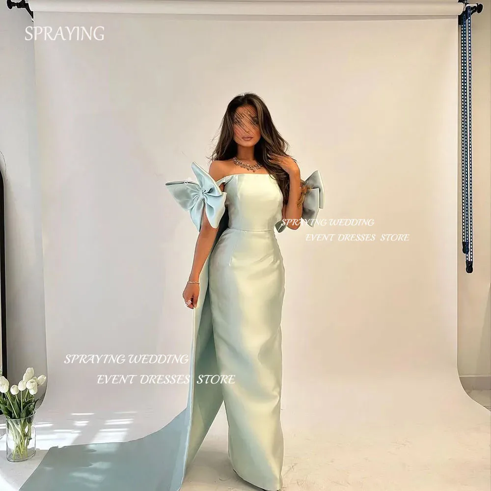 

SPRAYING Elegant Stain Mermaid Evening Dresses Boat Neck Cape Party Prom Gowns with Big Bow Saudi Arabia Formal Occasion Dress