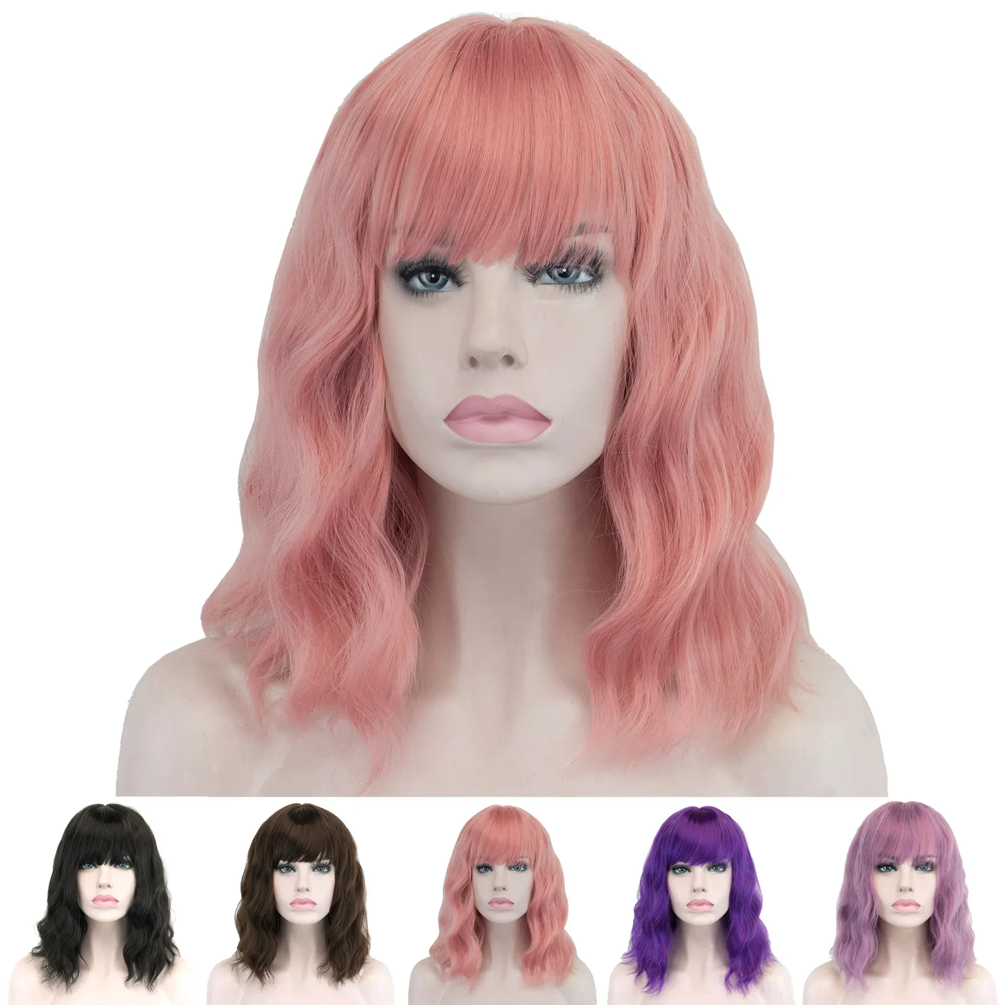 

Short Kinky Curly Bobo Wig Afro Hair Pink Cosplay Wigs with Bangs Costume Headwear for Women