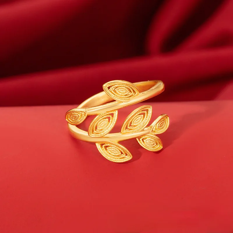 

18k Gold Color Olive Leaf Adjustable Ring for Women Ethnic Fashion Engagement Wedding Birthday Gold Color Ring Jewelry Gifts