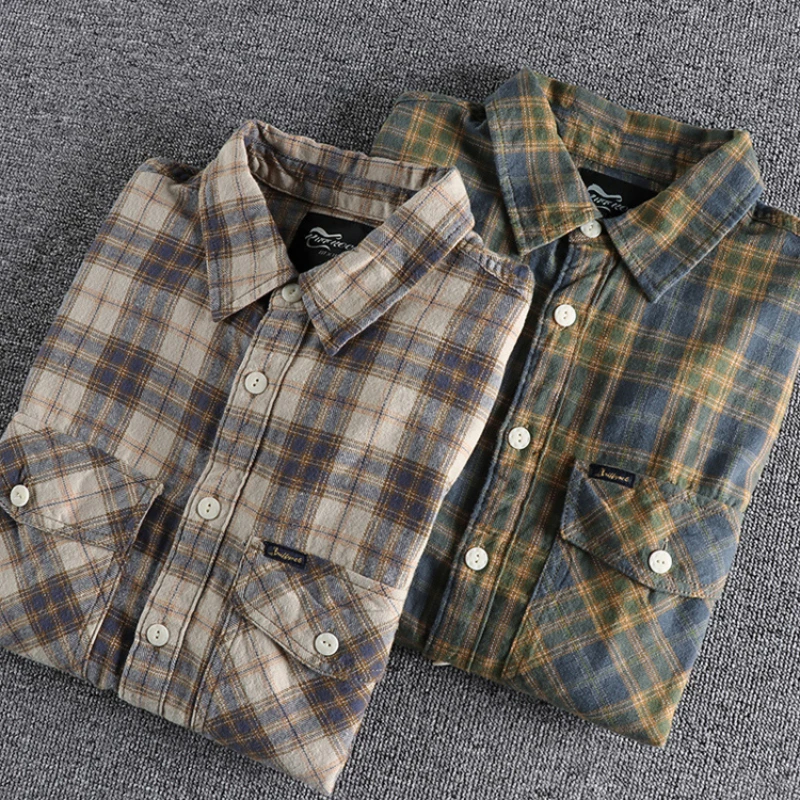 Kaji retro tooling plaid shirt men\'s flannel sanding comfortable casual American Joker shirt jacket in autumn and winter