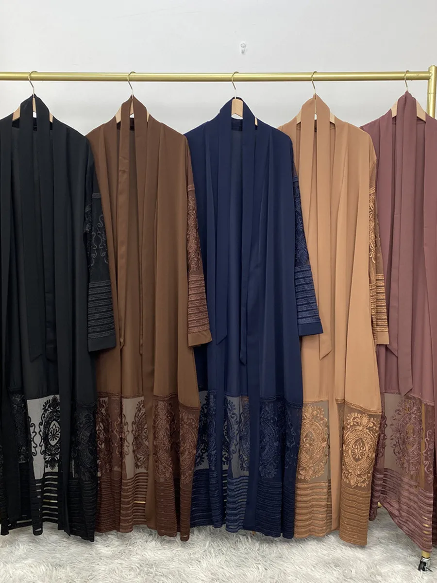 Donne musulmane Dubai Abaya Ricamo etnico Patchwork di pizzo Kimono Cardigan Abito lungo Modesto Ramadan Robe Femme Islam Abbigliamento