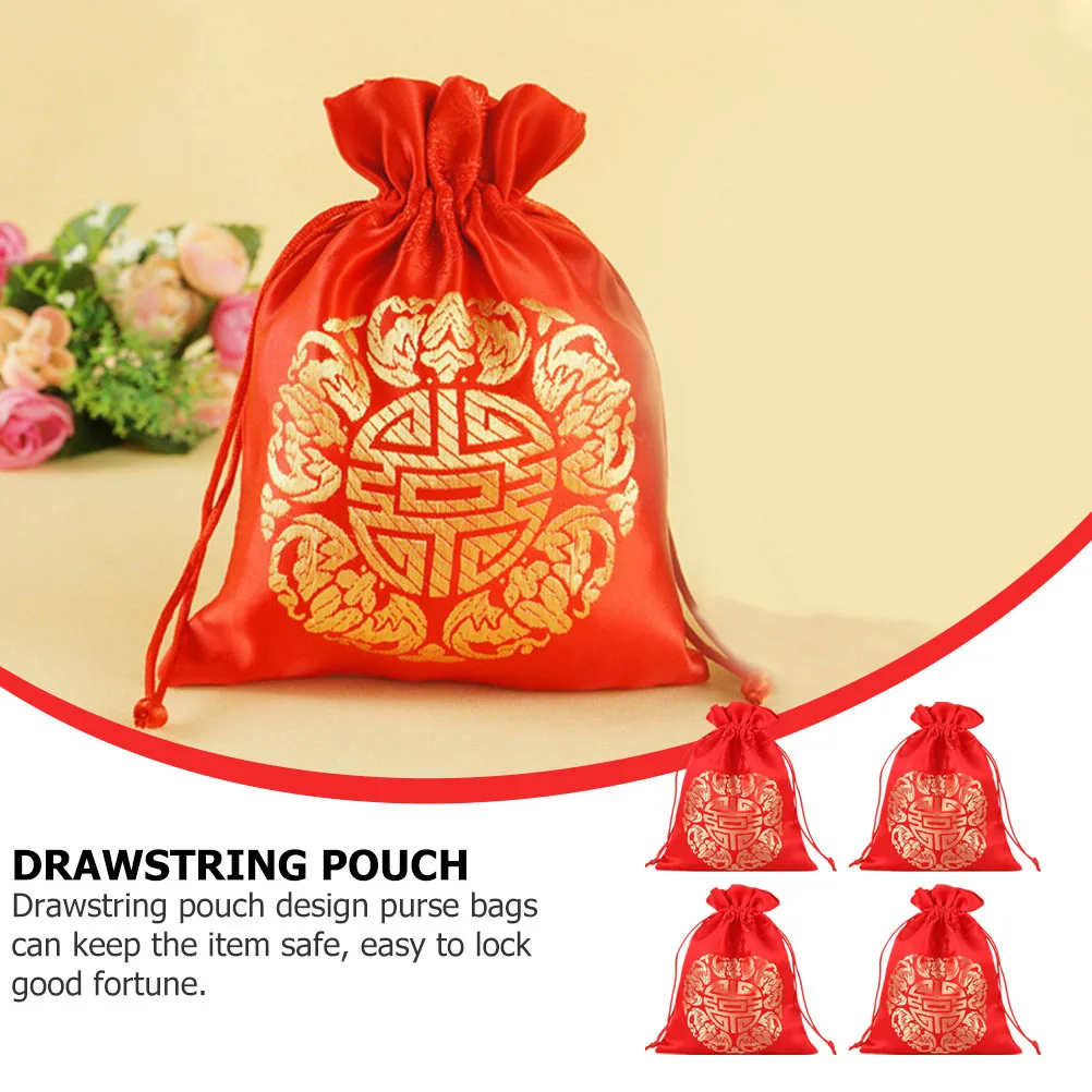 

4Pcs Red Brocade Drawstring Bags Chinese Style Gift Pouches for Fortune Coins Jewelry Candy Wedding Packaging Wedding Candy Bag
