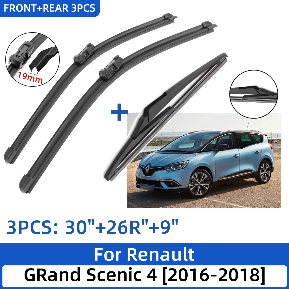 

GRand Scenic 4 2016-2018 30"+26"+9" Front Rear Wiper Blades Windshield Windscreen Window Cutter Accessories 2018