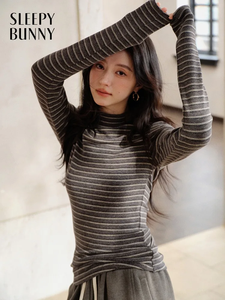 Women Striped Knit Top Lady Slim Fit Stretch Long-Sleeve T-Shirt Soft Comfy Base Layer Tee for Daily Casual Chic Outfits Fashion