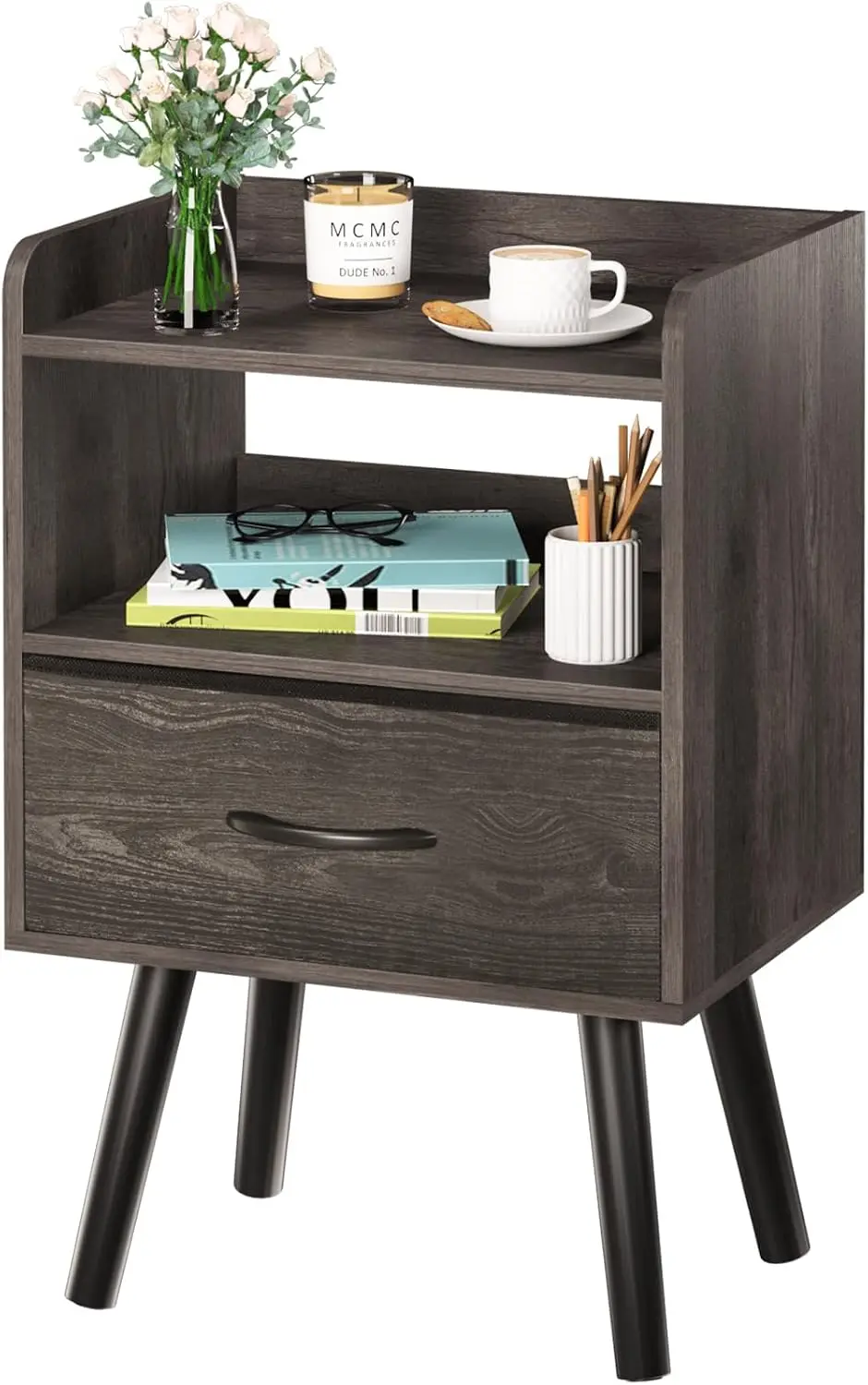 Night Stand with Fabric Drawer, Modern Nightstand, Bedside Tables, Mid Century Open Storage Shelf, Wood, Small for Bedrooms