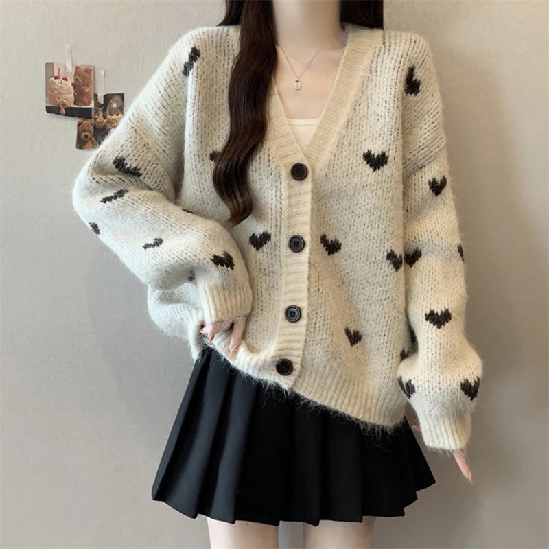 Nowy kardigan damski z dzianiny żakardowej w stylu słodkiego serca, luźny sweter z dekoltem w serek, długim rękawem, miękki, wiosenny, stylowy, casualowy płaszcz, topy