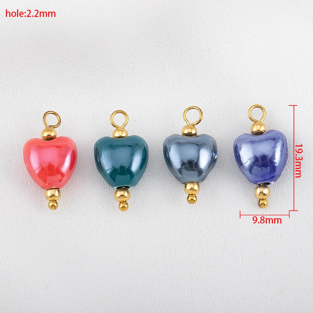 5Pcs Painted Ceramic Hoop Cylinder Bead Blue Flower Heart Pendant Stainless Steel Charm for Earring Jewelry Making Supplies view 6