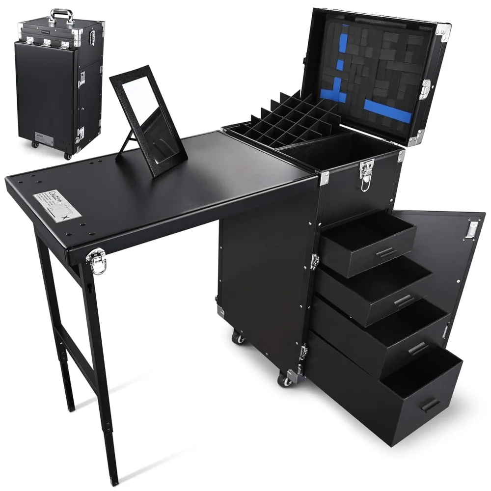 

Rolling Manicure Table Foldable Nail Table Makeup Train Case Tattoo Station Portable Nail Desk Workstation with 4 Drawers Mirror