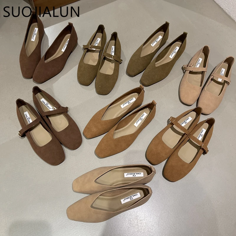 SUOJIALUN 2023 Spring New Brand Women Flat Shoes Round Toe Shallow Slip On Ladies Casual Ballet Shoes Soft Leather Eelgant Balle