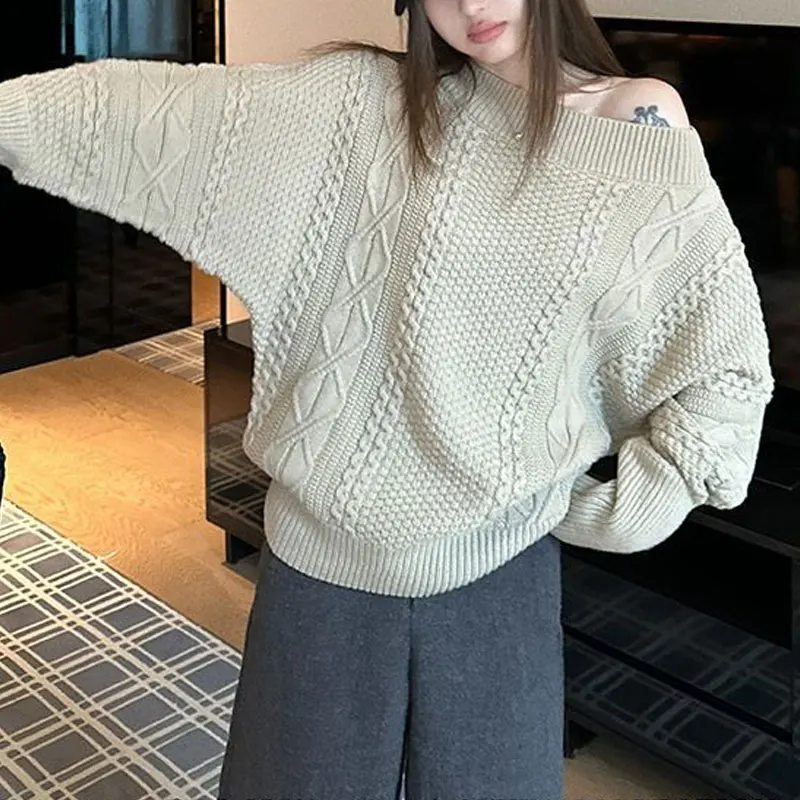 

Fashionable Off Shoulder Loose Sweaters Autumn Winter Slash Neck Women's Solid Color Basic Vintage Long Sleeve Knitted Pullovers