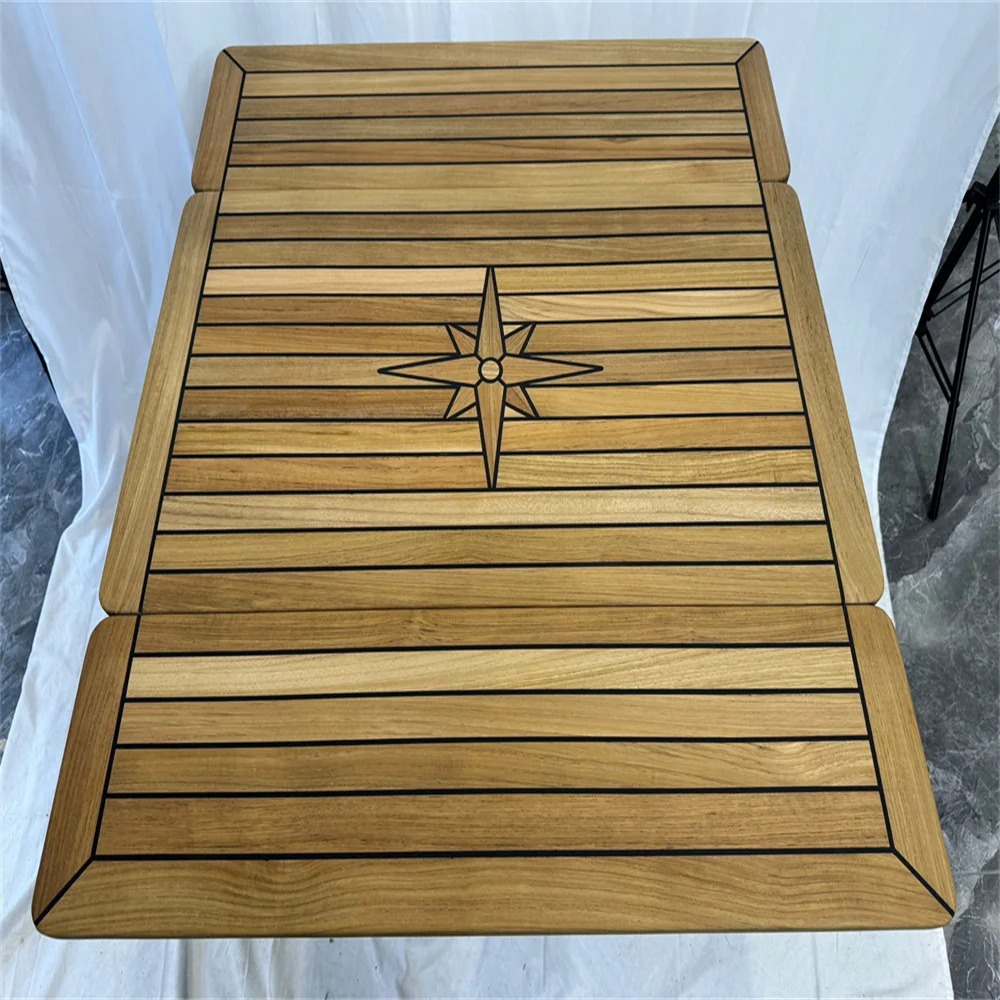 Folding Wings Teak Table Top 450/900x800mm,17.7/35.4x31.5 Inch Rectangular Star Inlay Marine Yacht RV TW4580