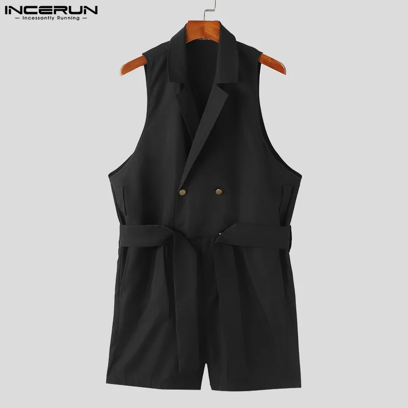 INCERUN 2024 Korean Style Bodysuits New Men\'s Solid Loose Straight Jumpsuits Casual Summer Sleeveless Suit Collar Rompers S-5XL