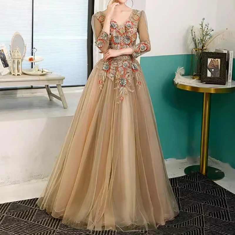 Elegant Stock 3/4 Long Sleeve Prom Dresses For Women V Neck Flower Applique Puffy Formal Evening Dress Birthday Party Gown 15