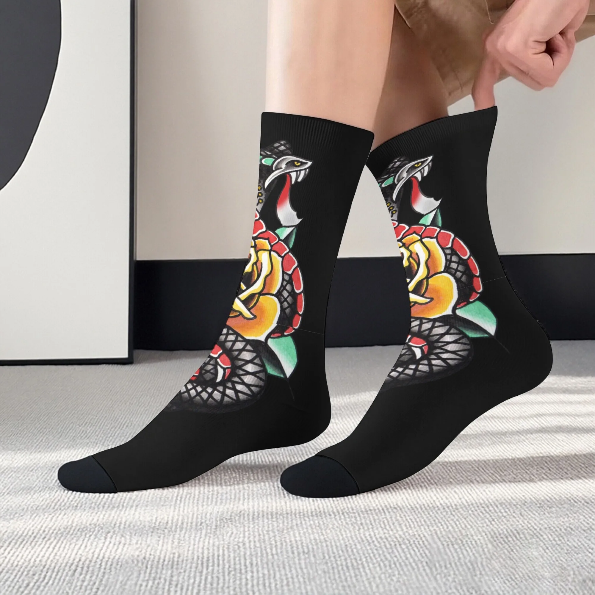 Punk Gothic Motorcycle Snake Rose Print Men's Mid-Calf Socks Street Retro Cool Rebellious Style Comfortable Soft Non-Slip Socks