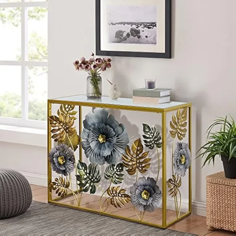 Vintage Art Sofa Table with Metal Flower Decor, Slim Entryway Tables with Glass Mirror Desktop Behind Sofa, Narrow Accent