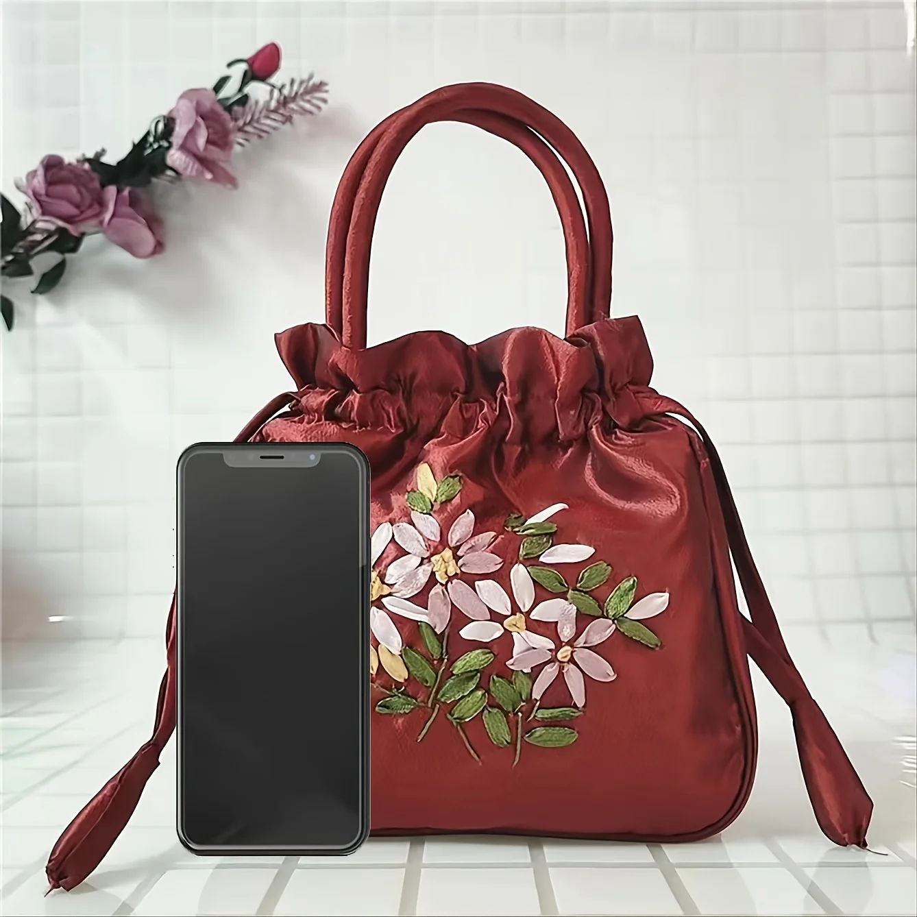 Floral Pettern Handbag, Women's Fashion Nylon Drawstring Phone Bag Double Handle Purse