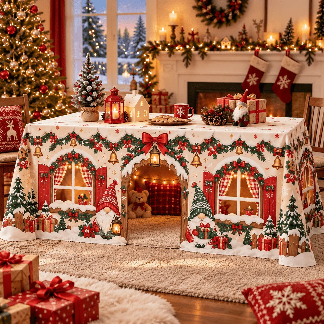 1 Christmas dog door tablecloth, Christmas hut snow-themed polyester door tablecloth, suitable for Christmas parties