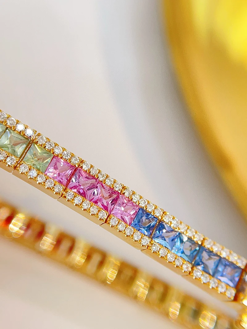 LUOWEND 18K Yellow Gold Bracelet Luxury Rainbow Design Shiny Diamond Natural Color Sapphire Bracelet for Women Party Jewelry