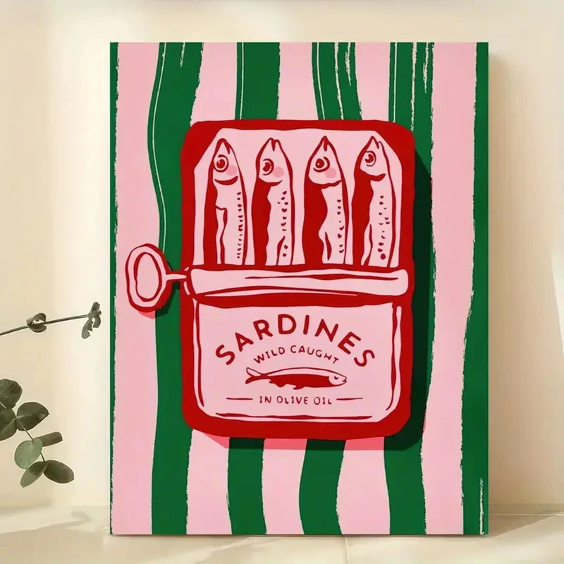 Vintage dibujos animados aceite de oliva sardinas arte de pared impresiones lienzo pintura póster imagen para sala de estar decoración del hogar