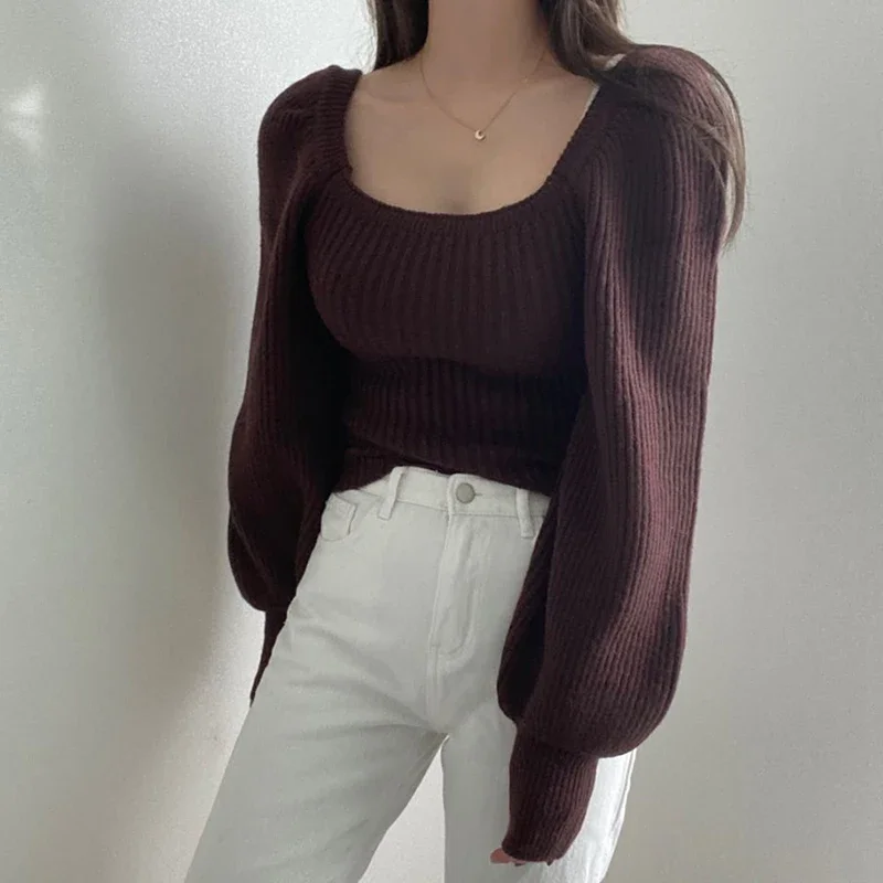 Pink Square Neck Short Knit Pullovers Women Fall Winter Korean Casual Loose Long Sleeve Sweaters Tops 4 Colors