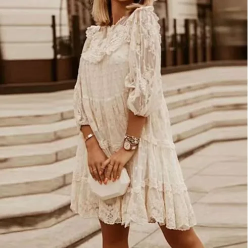 

Lace Dress Women's Summer Sundress Fashion Three Quarter Sleeve Female Hollow Cotton Pullover Dresses Beach Clothing