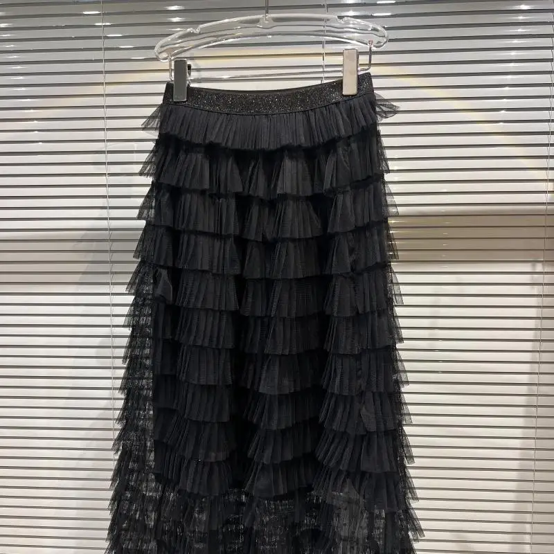 Spring  Sweet Sle Midi A-Line Skirt Pure Color Me Multi-Layer Elastic Waist f Body Skirt Fairy T Sle Women's ...