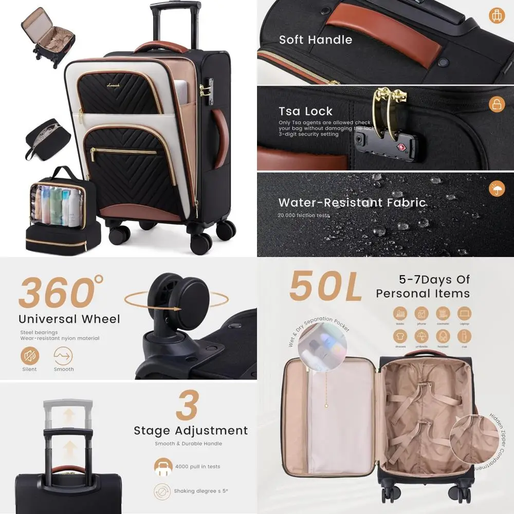 Waterproof Large Airline Approved Softside Carry-On Suitcase 22x14x9 with 3 Packing Cubes, Lightweight for Travel