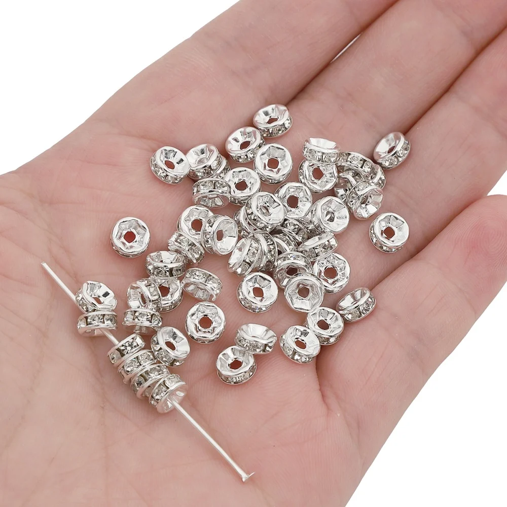 100pcs 6/8mm Rondelle Disc Metal Crystal Spacer Beads With Rhinestone For Jewelry Making DIY Bracelet Accessories