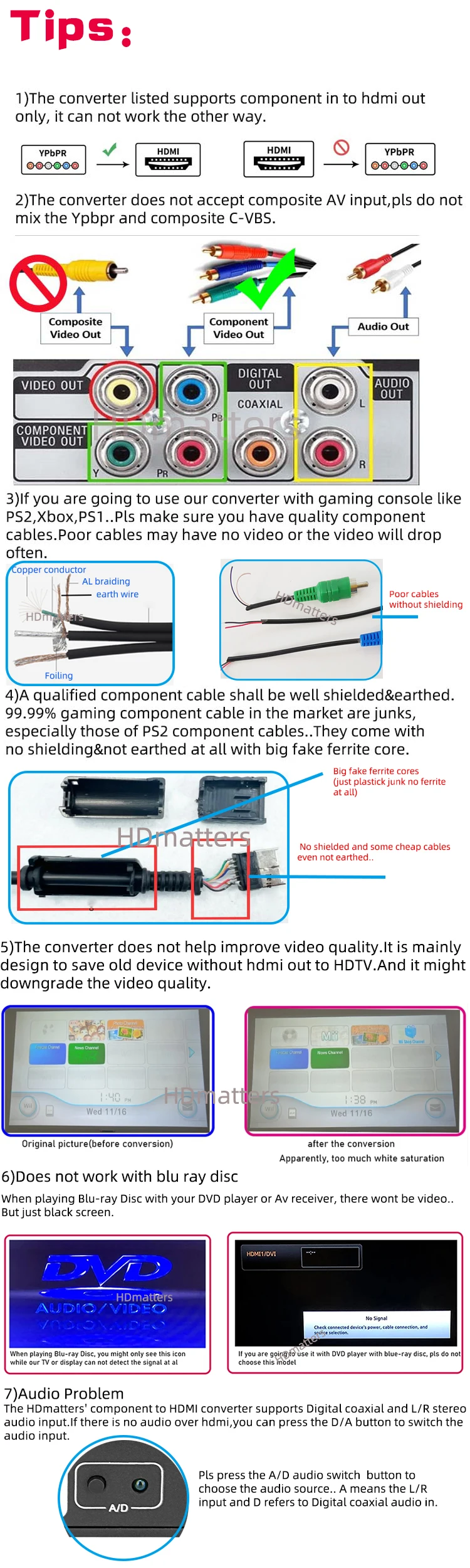 Component Ypbpr to HDMI Converter 5-RCA Component to HDMI Cable Converter Adapter with Audio for Wii DVD TV Component in to HDMI