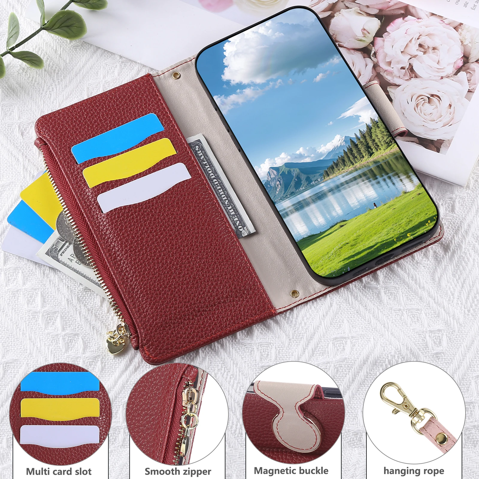 Dompet Kulit dengan Tali dan Resleting untuk Samsung Galaxy S25 Ultra Edge S24 Plus S23 FE S22 S25U, Penyangga, Slot Kartu, Pelindung Ponsel