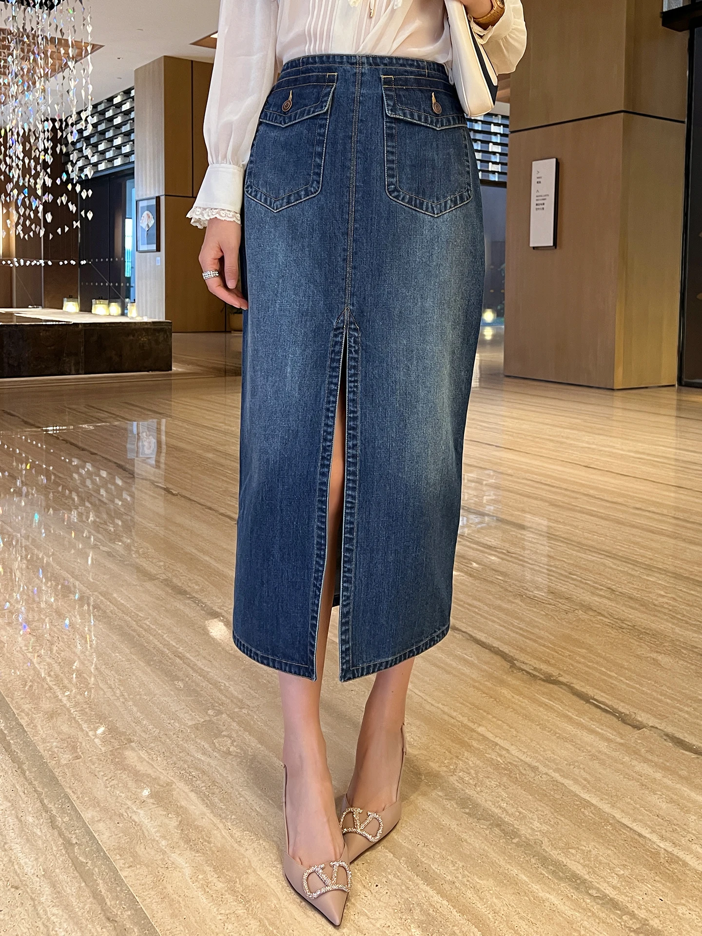 

Джинсовая юбка миди Linyei в стиле ретро с высокой талией, облегающая юбка миди для женщин, весенняя модная универсальная юбка с разрезом спереди