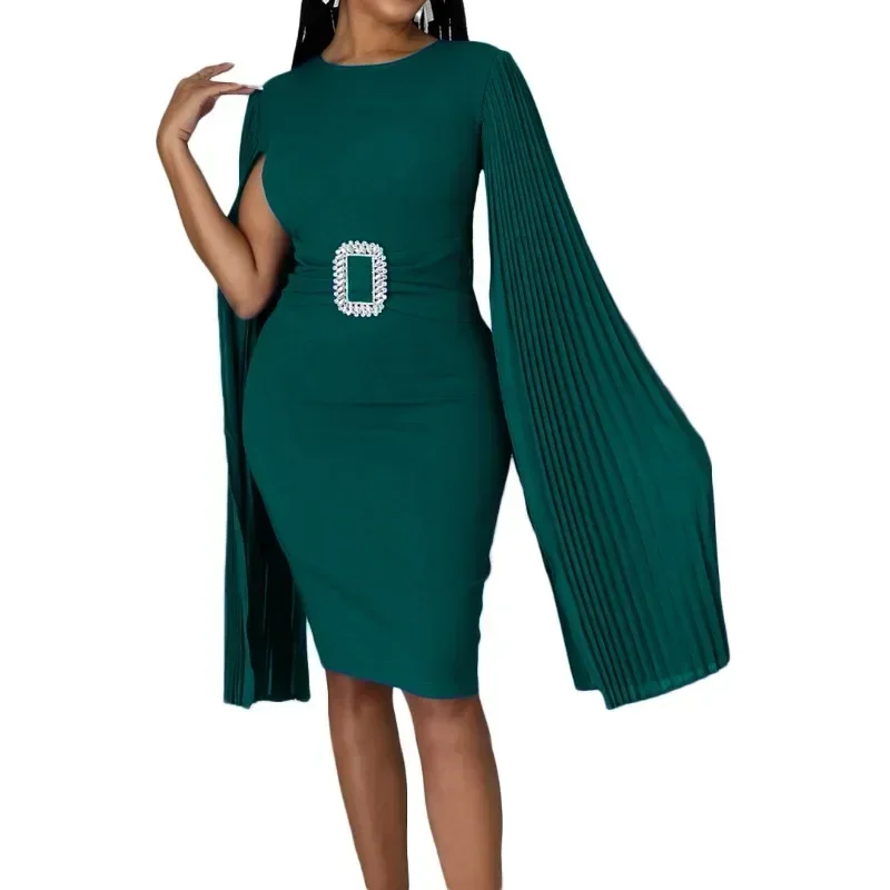 Spring Autumn Ruched Party Midi Dress Women Elegant Solid Cloak Sleeve Wedding Cocktail Pencil Dresses