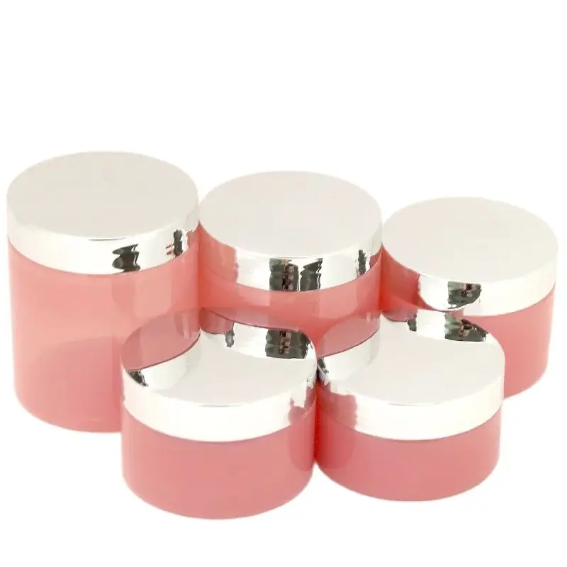 24Pcs Pink Plastic Cosmetic Jar Empty Wide Mouth Bottle Shiny Silver Lid Hair Mask Pot 100g 120g 150g 200g 250g Cream Containers