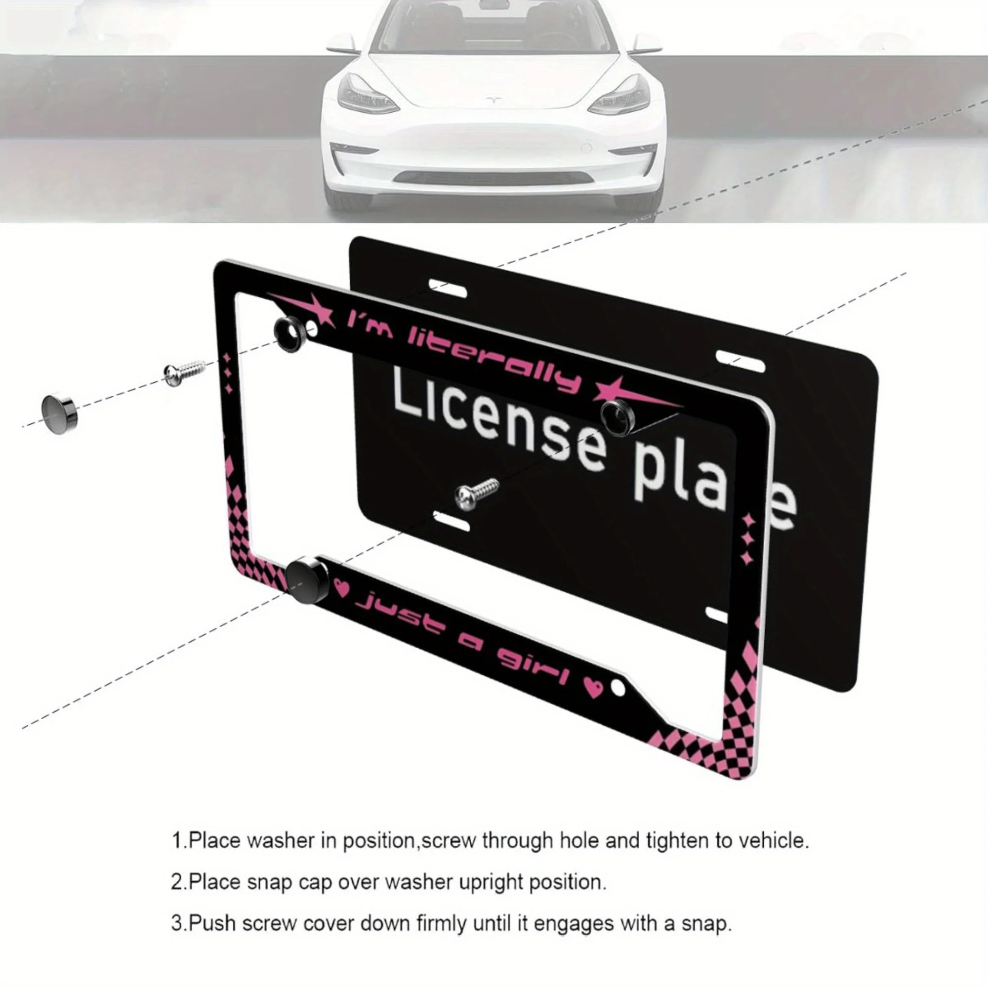 1pc Aluminum Fun License Plate Frame, Literally Just A Girl Metal Car Girl Y2K Meme Pink Racing, For Decoration, 31X16cm - view 3