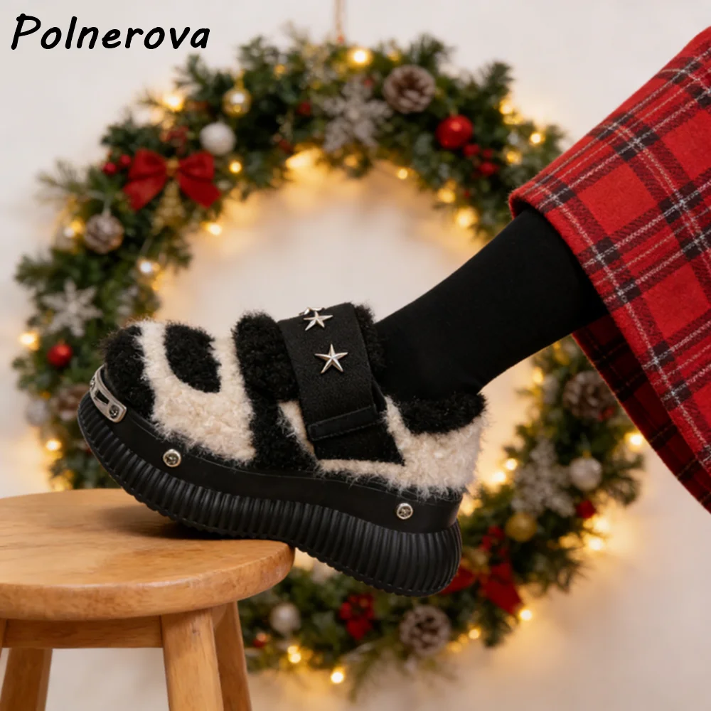 Black White Furry Rivet Pumps Metal Five-Pointed Star Round Toe Thick Soled Mixed Color Shoes Women's Lovely Thick Soled Shoes