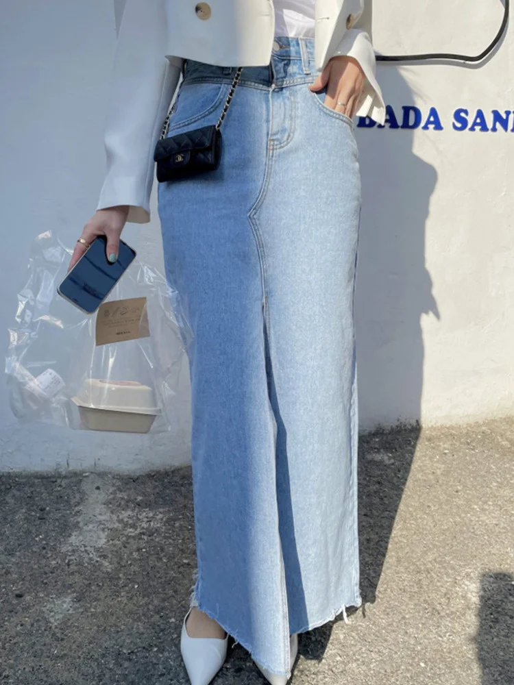

Korean Women's Split Vintage Blue Denim Skirt Pocket High Waist Mid-calf Skirts 2023 Summer New Mujer Faldas H129