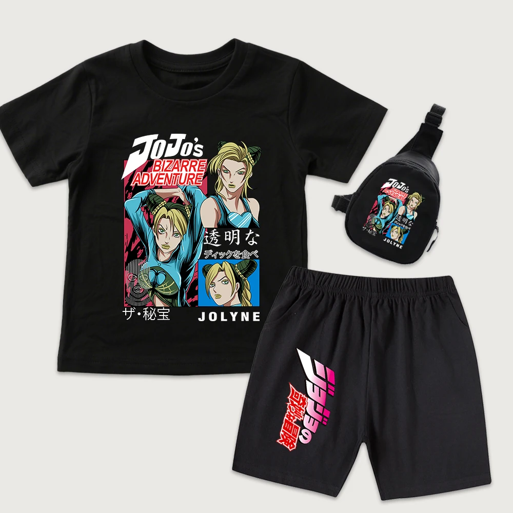 Jojo Jolyne Cujoh Anime Print Boys Girls Kids Cotton Outfit T Shirt Shorts and Mini Chest Bag 3 Piece Set for Summer