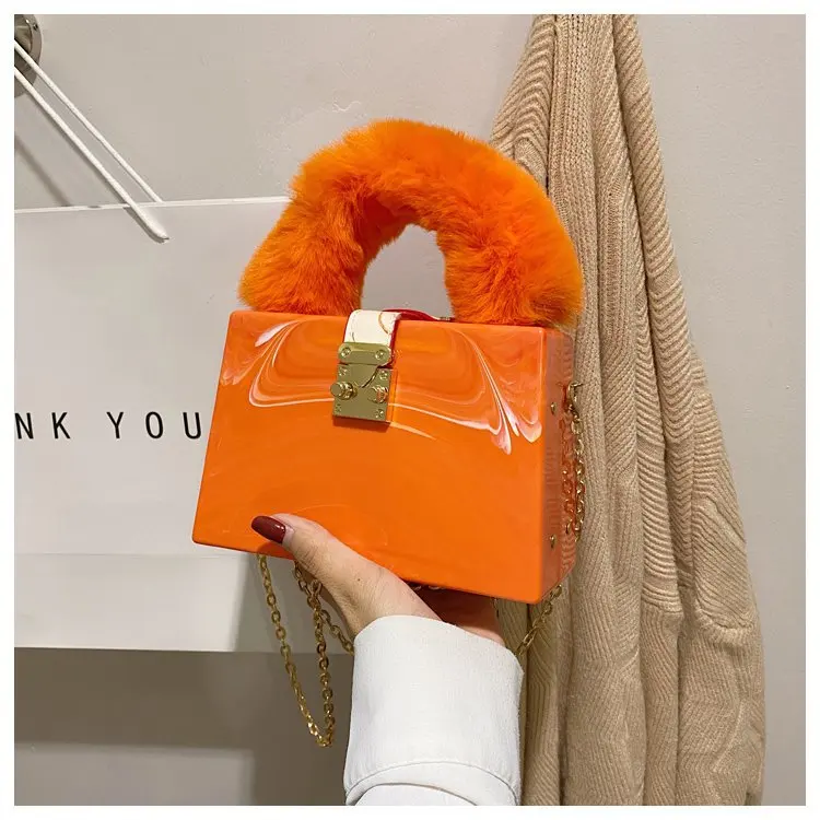 Faux Fur Top Handle Acrylic Party Box Clutch Fashion Purses and Handbags for Women Designer Evening Bag Chain Shoulder Bag