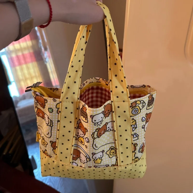 Сумка-шоппер Rilakkuma в горошек с цветными блоками, сумка для хранения мобильного телефона и кошелька, сумка для ланча на работу, подарок на день рождения другу.