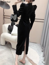 French Black Velvet Long Dresses Women Puff Sleeve Temper Elegant Sexy Bodycon Dress Fashion Classy Ladies Party Gown Vestidos